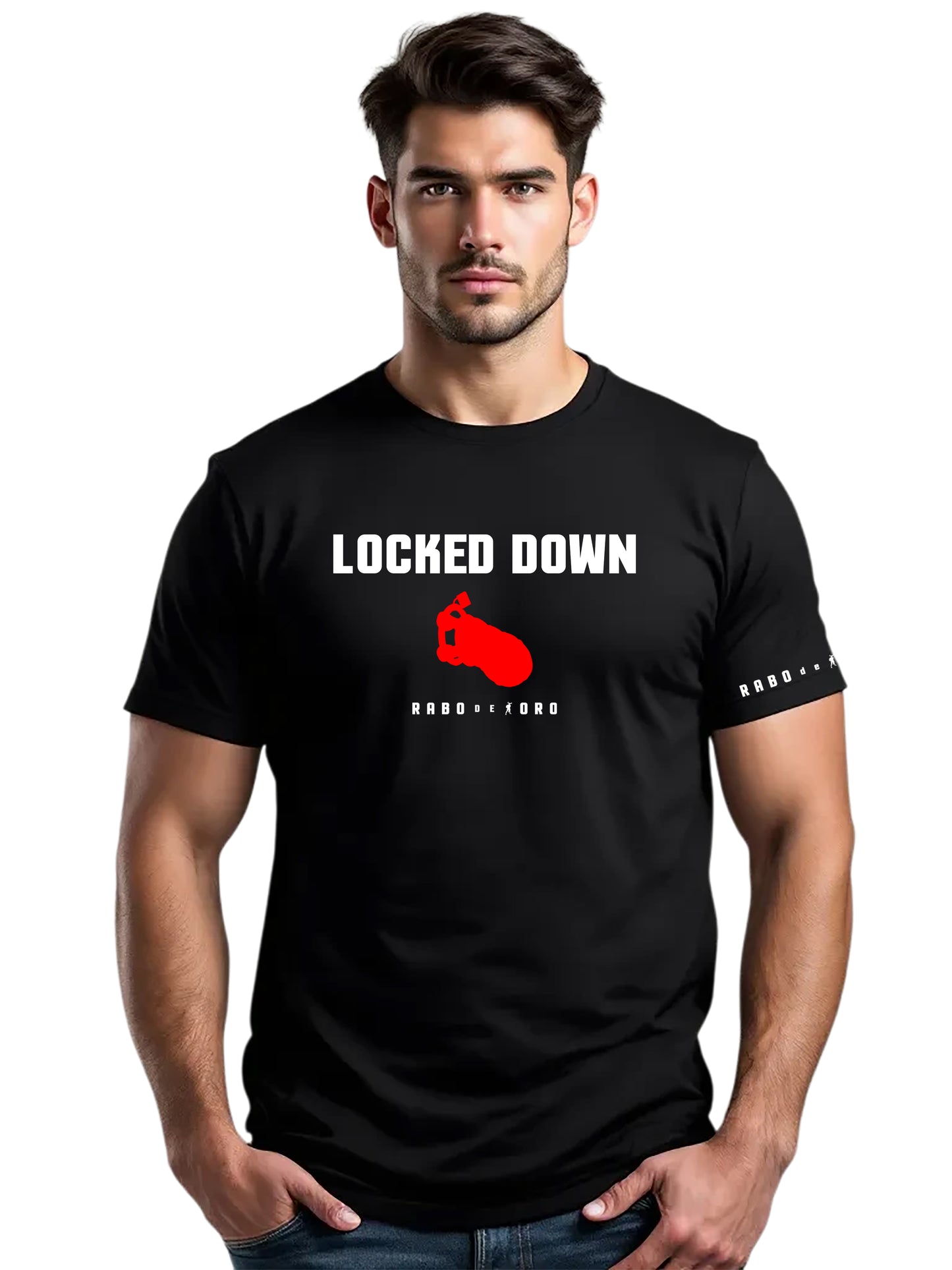 Male model wearing Rabo de Toro Locked Down black T-shirt inspired by gay chastity fetish fashion.