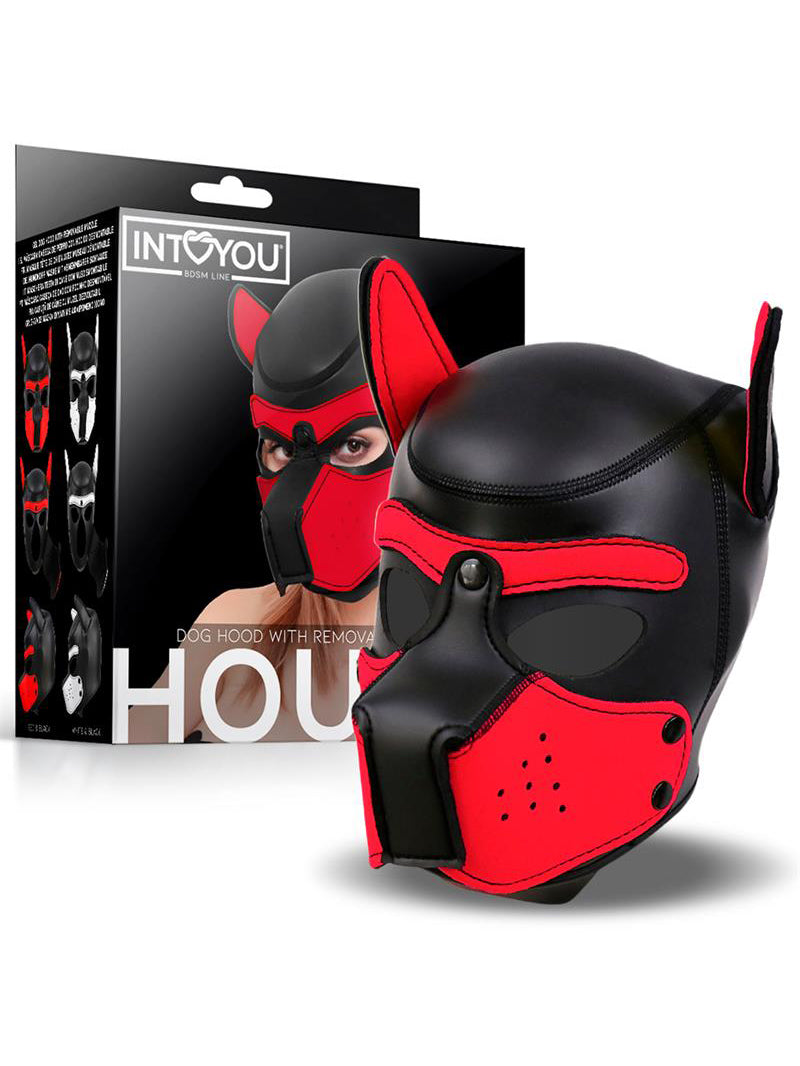 InToYou - Neoprene Dog Hood with Removable Muzzle Black - Red