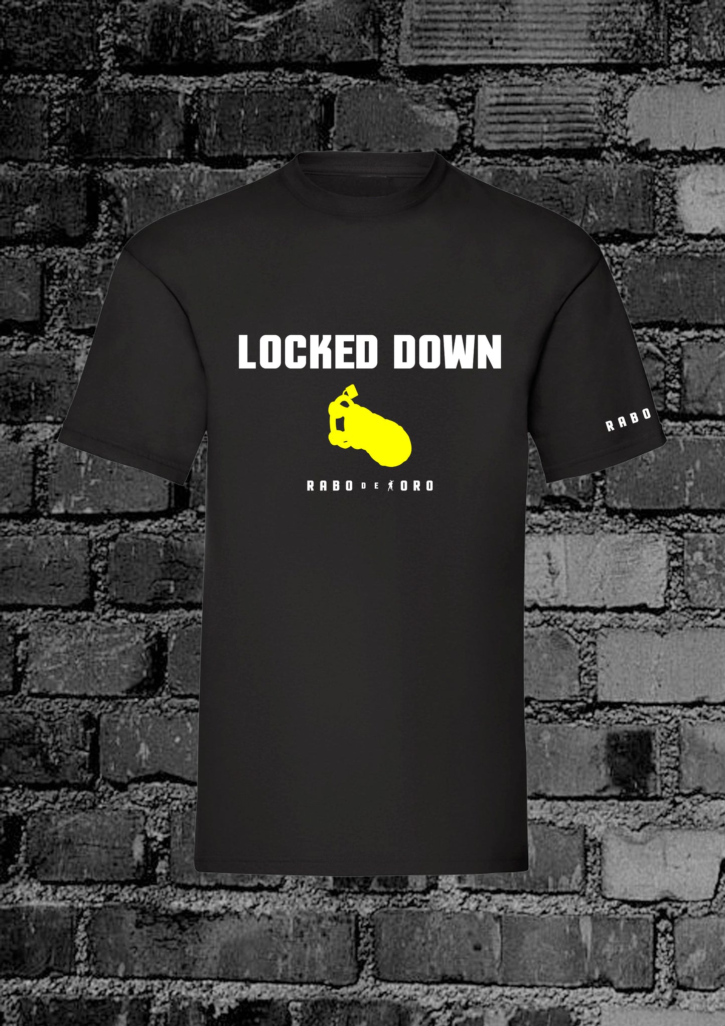 rabo de toro, gay fetish fashion, chastity fetish, locked down t-shirt, kink clothing, handmade gay t-shirt, fetish apparel, kinky pride wear