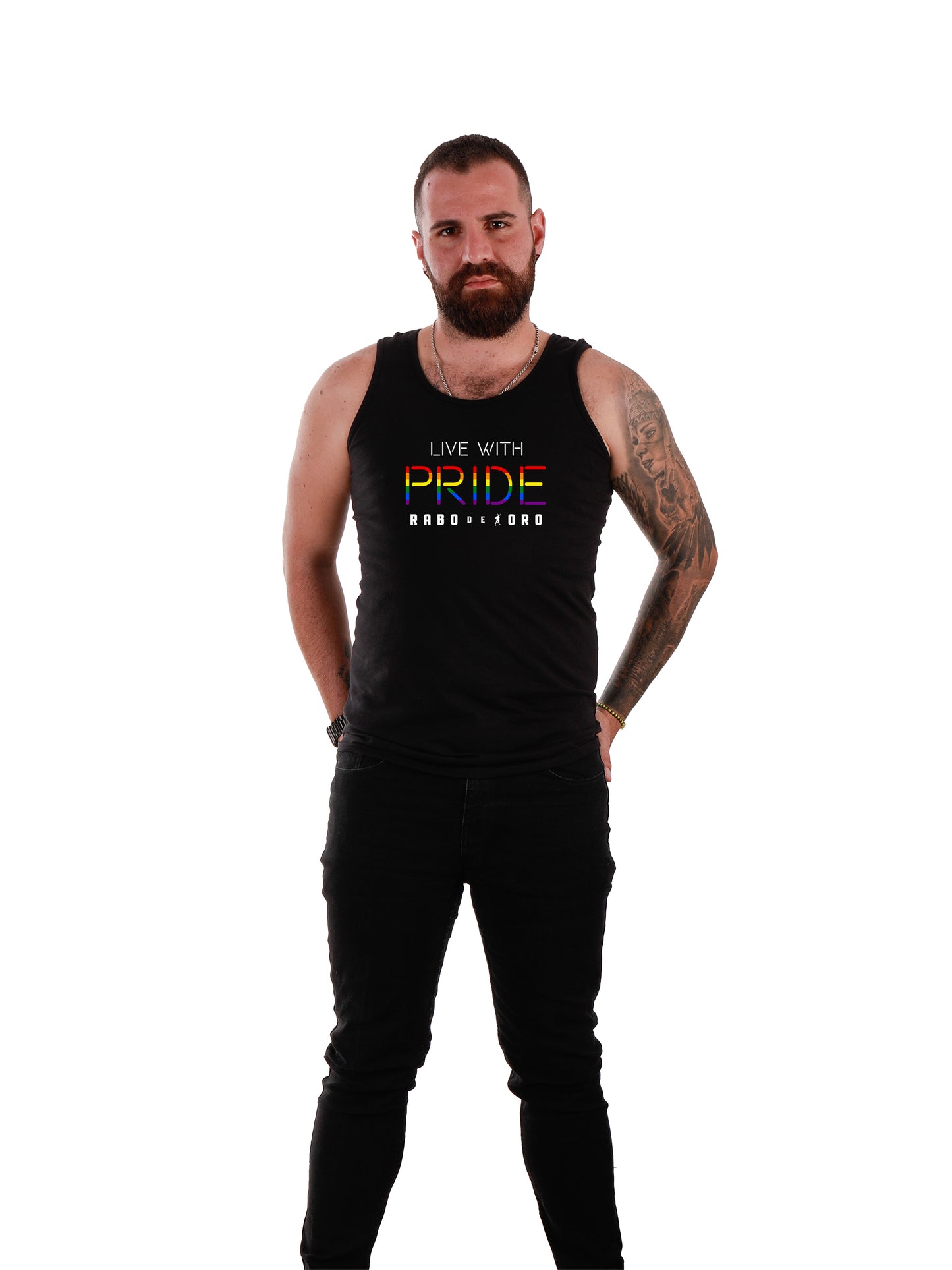 LIVE WITH PRIDE Gay Fetish Black Tank Top with Rainbow/Gay Flag details