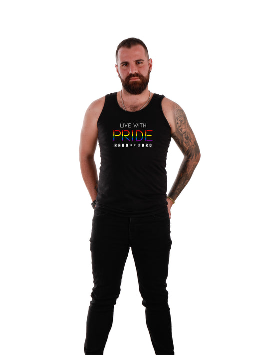 LIVE WITH PRIDE Gay Fetish Black Tank Top with Rainbow/Gay Flag details