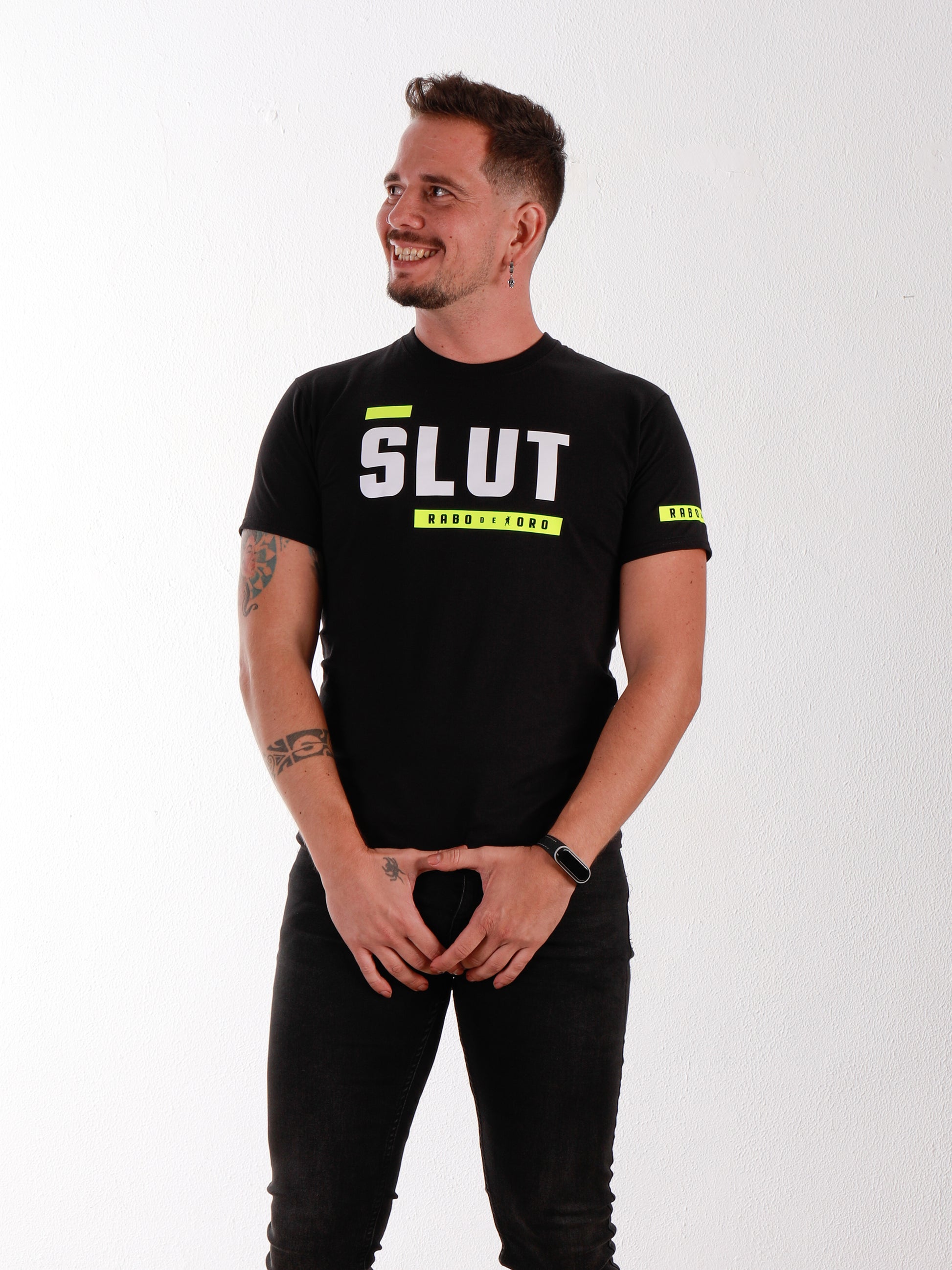 This SLUT fetish tee combines dark aesthetics and playful provocation. Designed for gay men who own their desires and express them with style.
gay kinkwear, fetish clothing, slut gay shirt, kinky black t-shirt, gay erotic fashion, Rabo De Toro brand, fetish pride