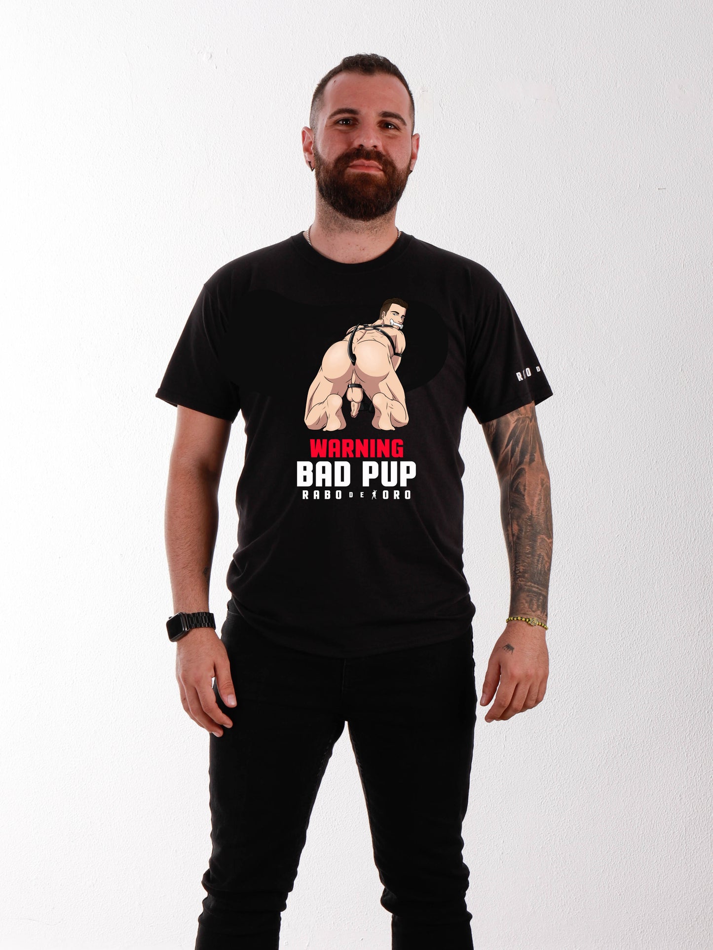 WARNING BAD PUP Black T-Shirt with Puppy cartoon detail