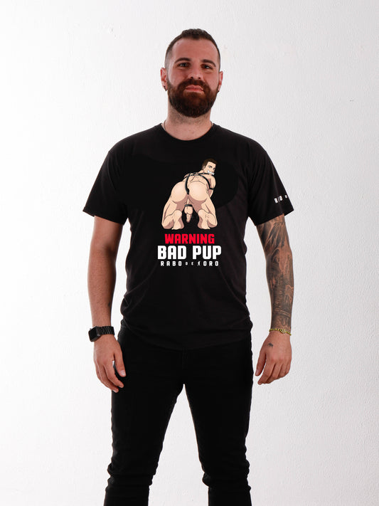WARNING BAD PUP Black T-Shirt with Puppy cartoon detail