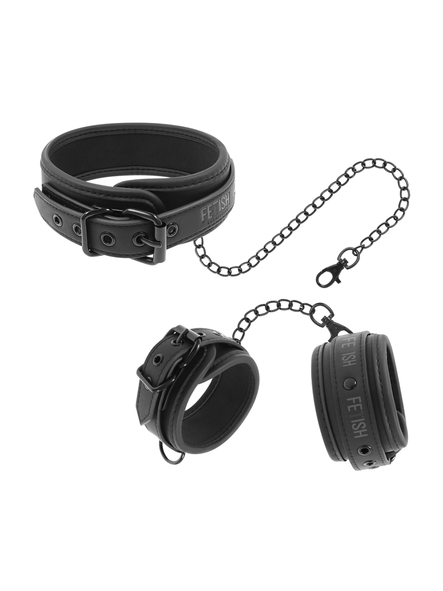 Fetish Submissive PU Leather Collar and Hand Cuffs Set