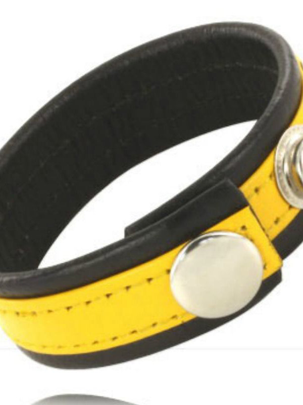 Leather Body Cock and Ball Strap with Snaps - Black and Yellow
