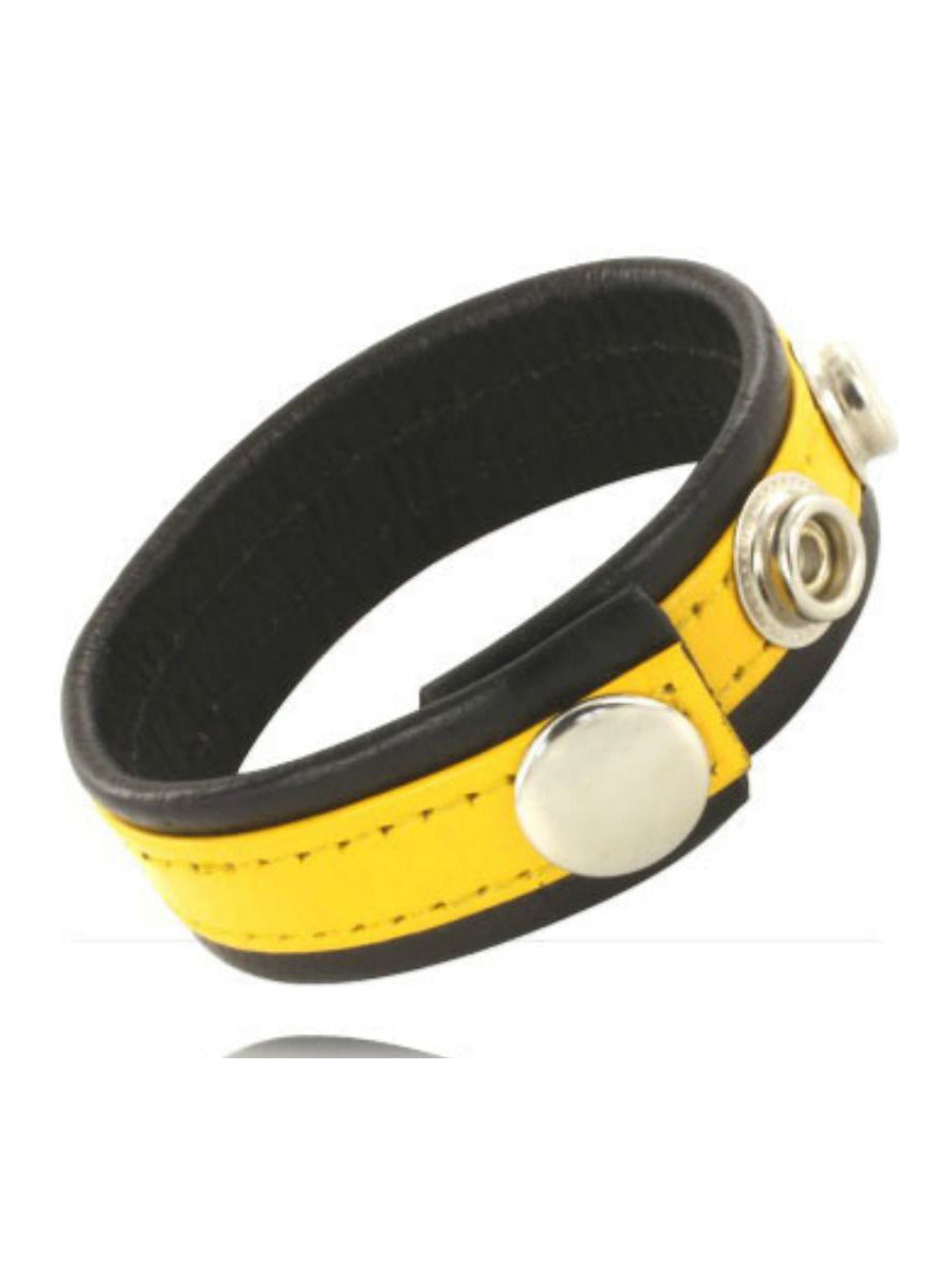 Leather Body Cock and Ball Strap with Snaps - Black and Yellow