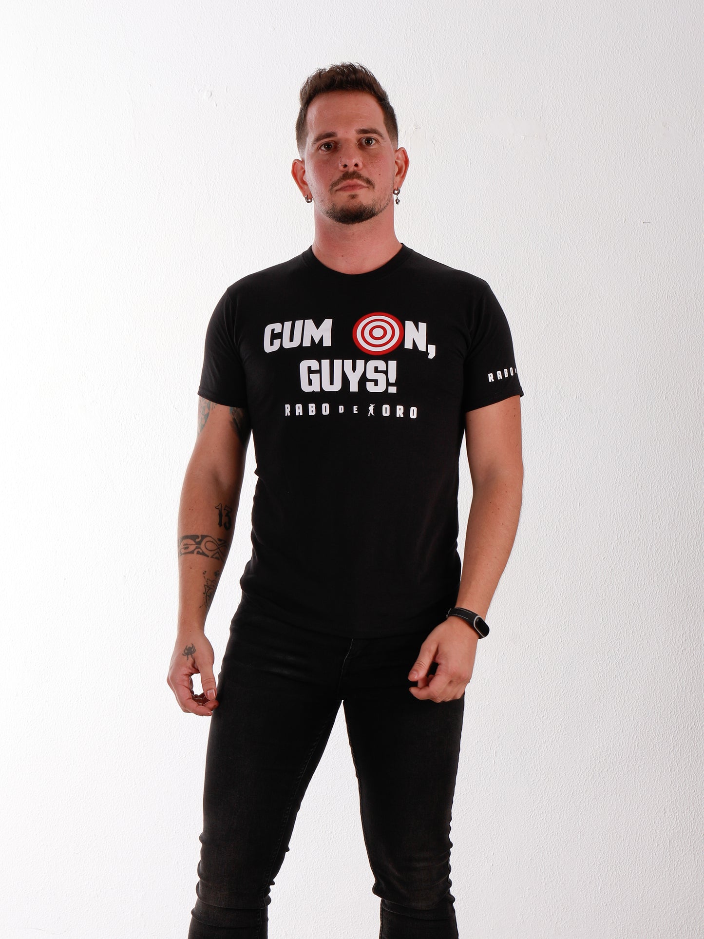 CUM ON, GUYS! Black T-Shirt with Red & White Target detail