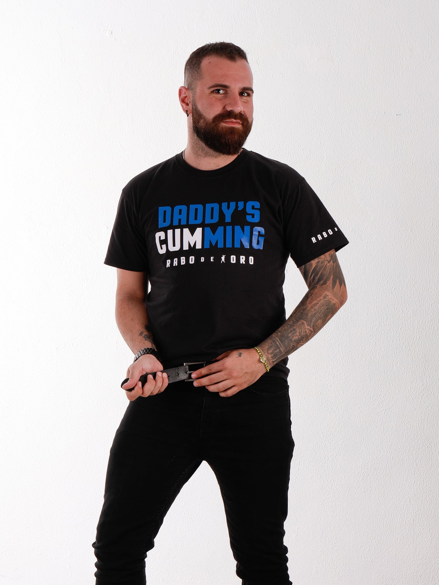 DADDY's CUMMING! Gay Streetwear Black T-Shirt with Blue & White details
