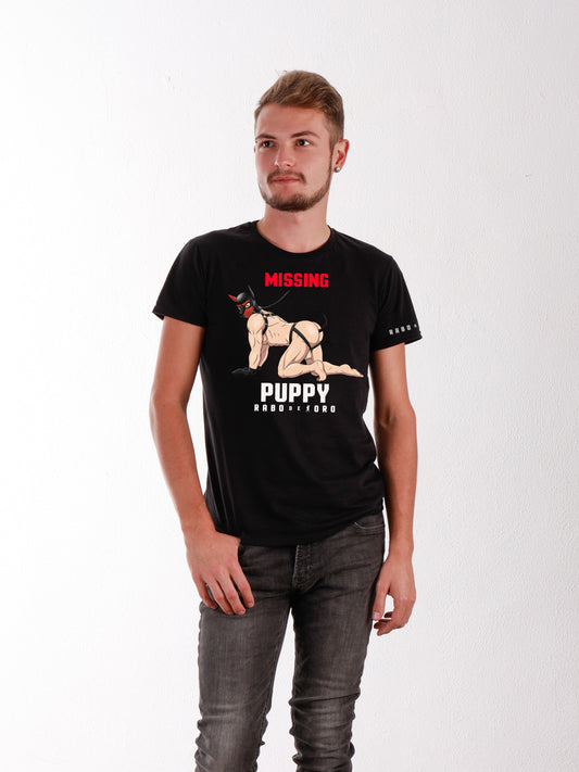 Missing PUPPY  Black T-Shirt with Puppy cartoon detail