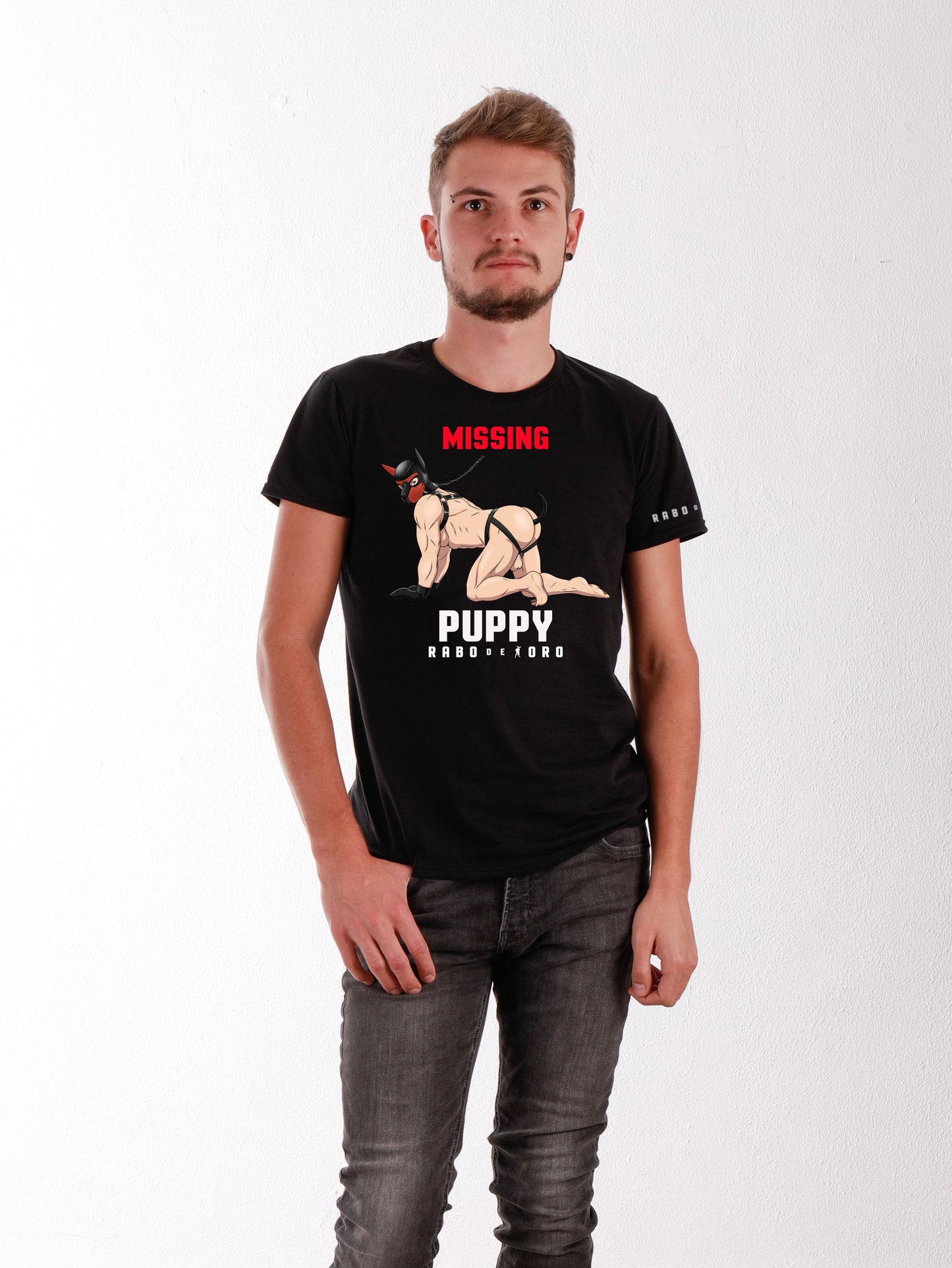 Missing PUPPY Black T-Shirt with Puppy cartoon detail