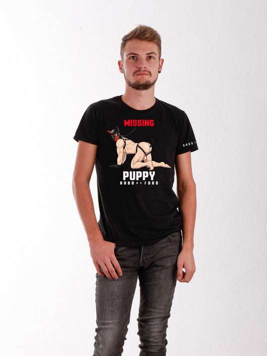 Missing PUPPY  Black T-Shirt with Puppy cartoon detail