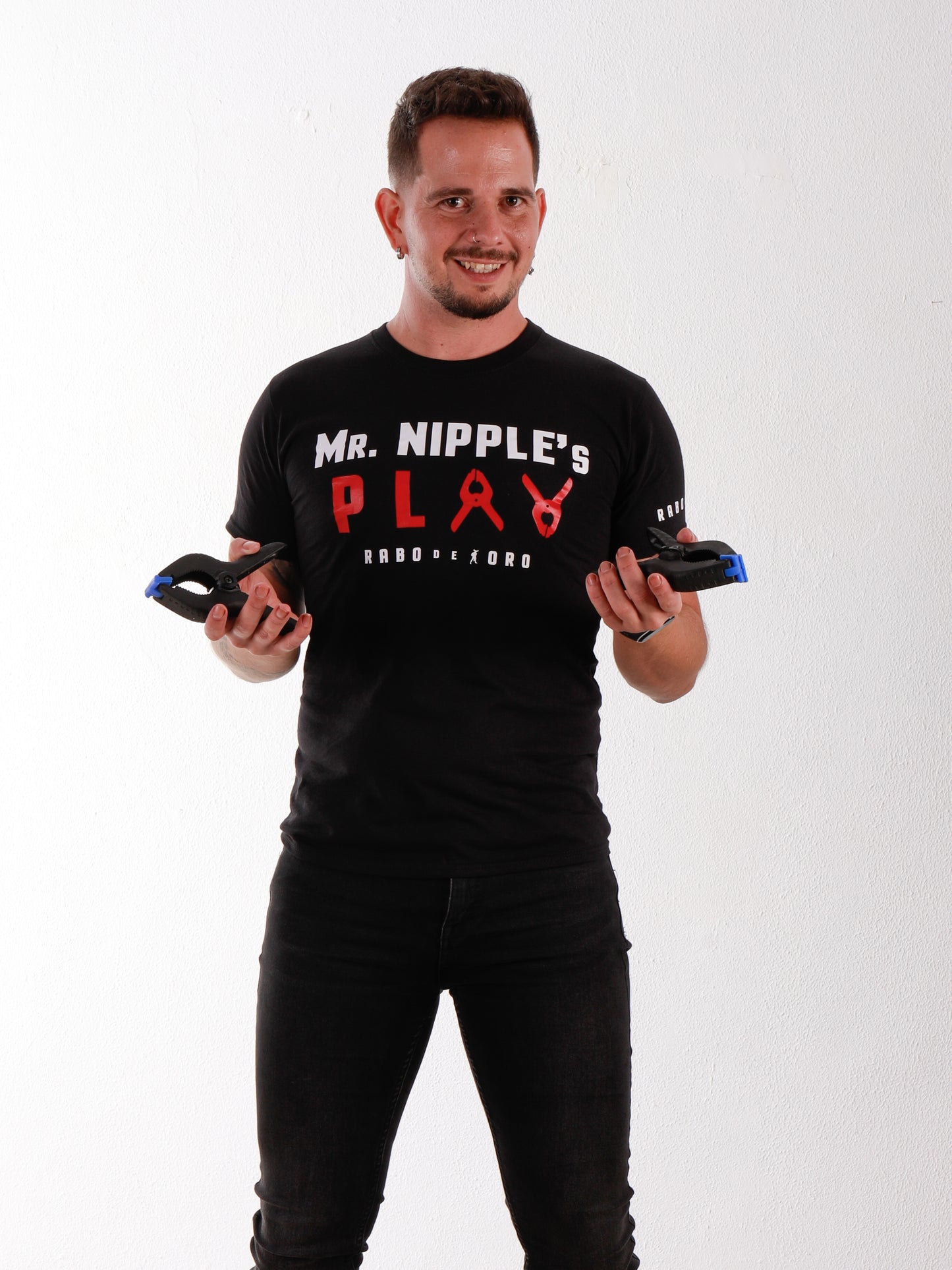 Mr. Nipple’s Play Black T-Shirt with Nipple Clamps detail