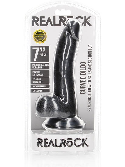 RealRock - Curved Realistic Dildo with Balls and Suction Cup Black 7" / 18 cm