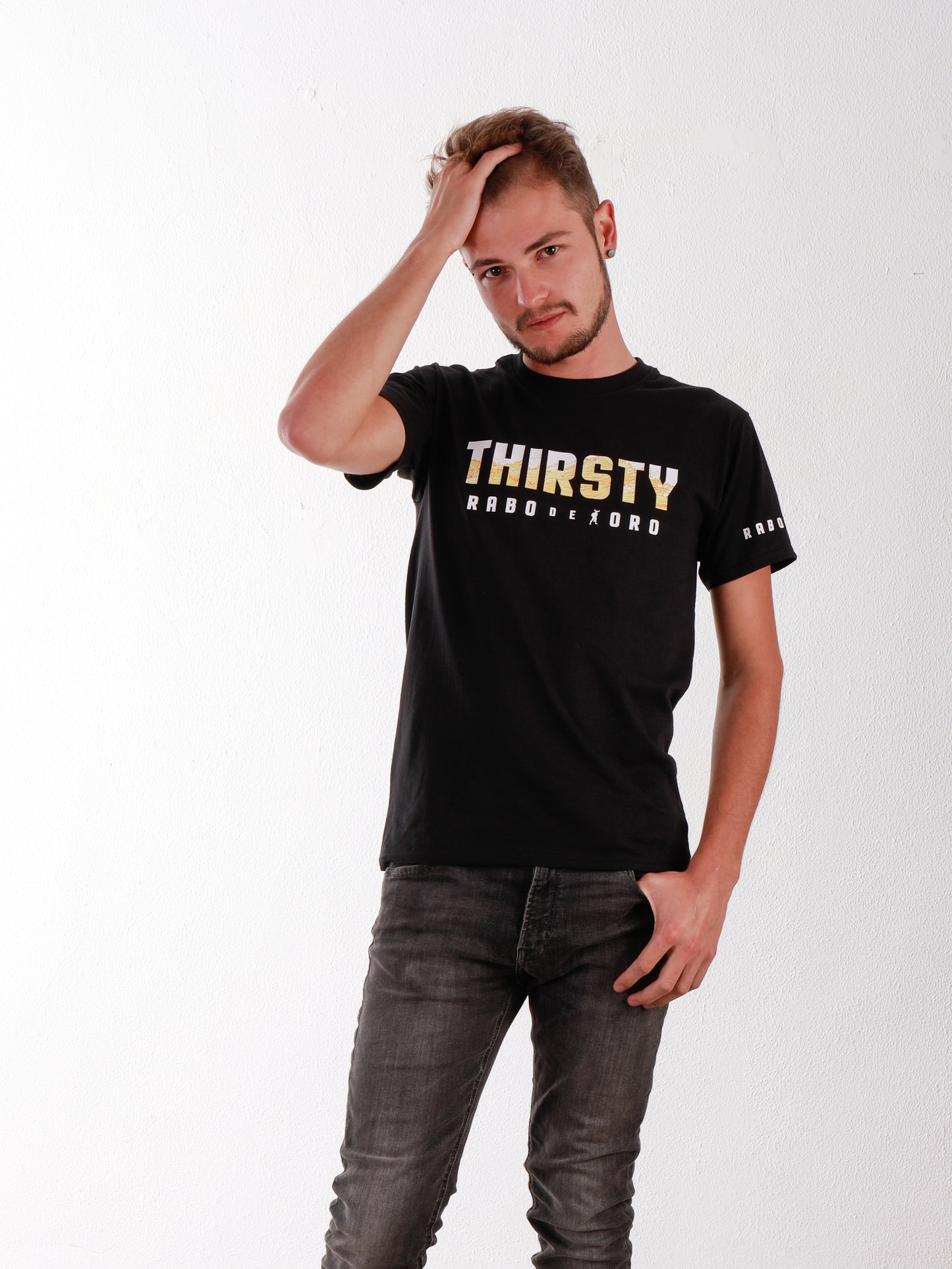 THIRSTY Black T-Shirt with Yellow Watersports detail