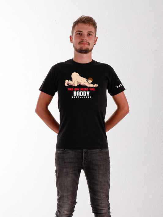 THIS BOY NEEDS YOU, DADDY Black T-Shirt with Slave Boy cartoon detail
