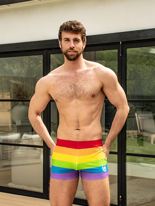 Andrew Christian Pride Stripe Mesh Jogger Shorts
