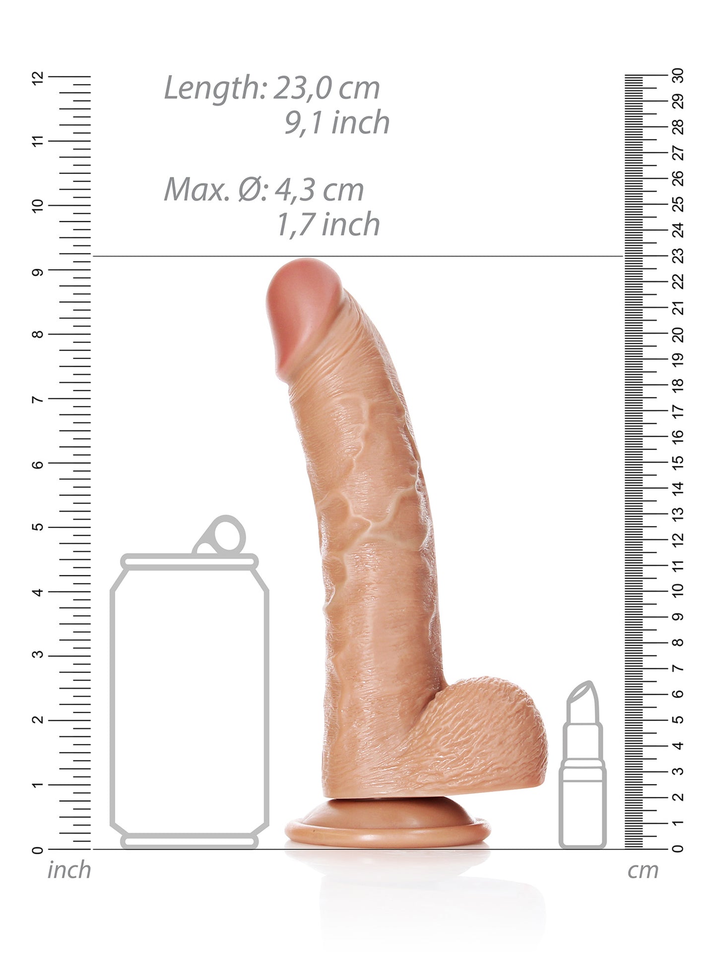 RealRock - Dildo Realista Curvo con Bolas y Ventosa color Moreno 8" / 20,5 cm