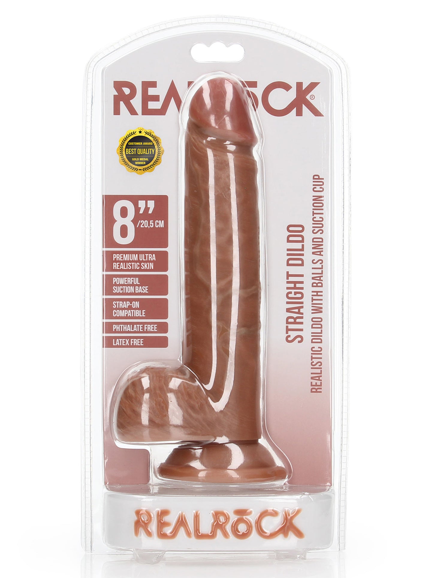 RealRock - Dildo Realista Recto con Bolas y Ventosa color Moreno 8" / 20,5 cm