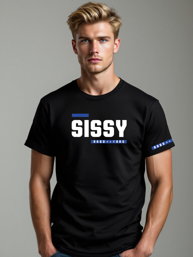 Front view of the Rabo De Toro SISSY Black T-Shirt. A bold kinky design inspired by the BDSM hanky code, celebrating sissy pride, fetish identity, and playful rebellion. Sissy t-shirt, BDSM fashion, hanky code shirt, gay fetish wear, black kinky tee, queer streetwear
