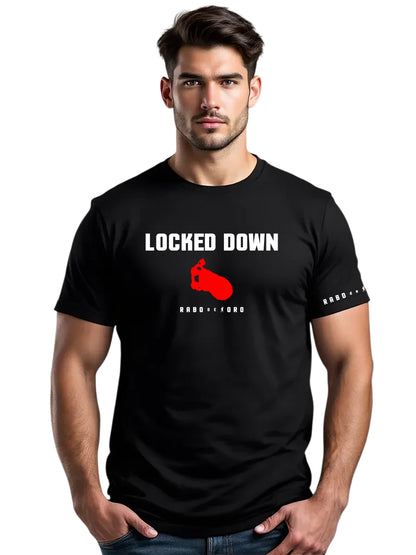 Male model wearing Rabo de Toro Locked Down black T-shirt inspired by gay chastity fetish fashion.