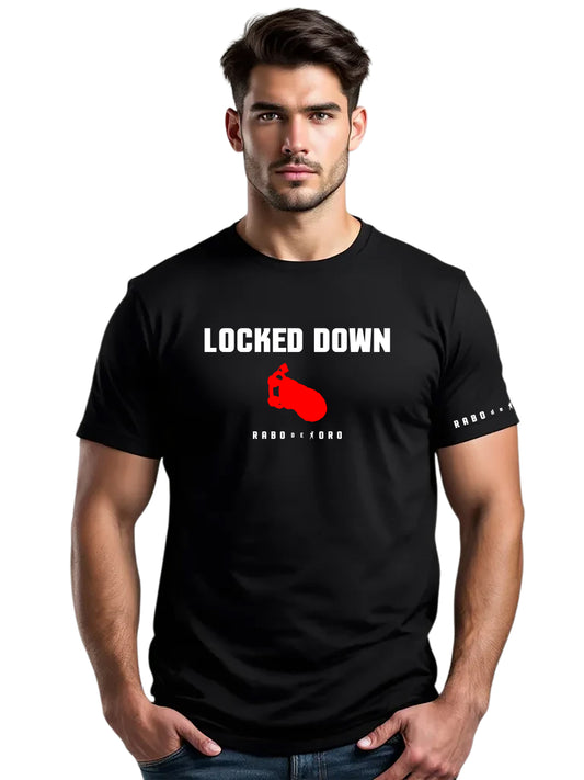 Male model wearing Rabo de Toro Locked Down black T-shirt inspired by gay chastity fetish fashion.