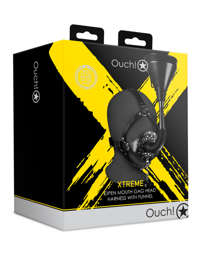 Ouch! - Open Mouth Gag Head Harness with Funnel - Black