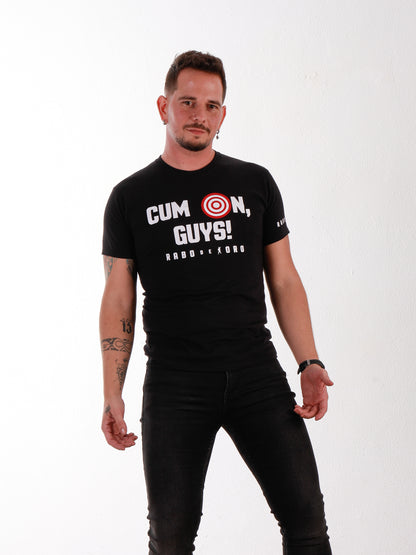 CUM ON, GUYS! Black T-Shirt with Red & White Target detail
