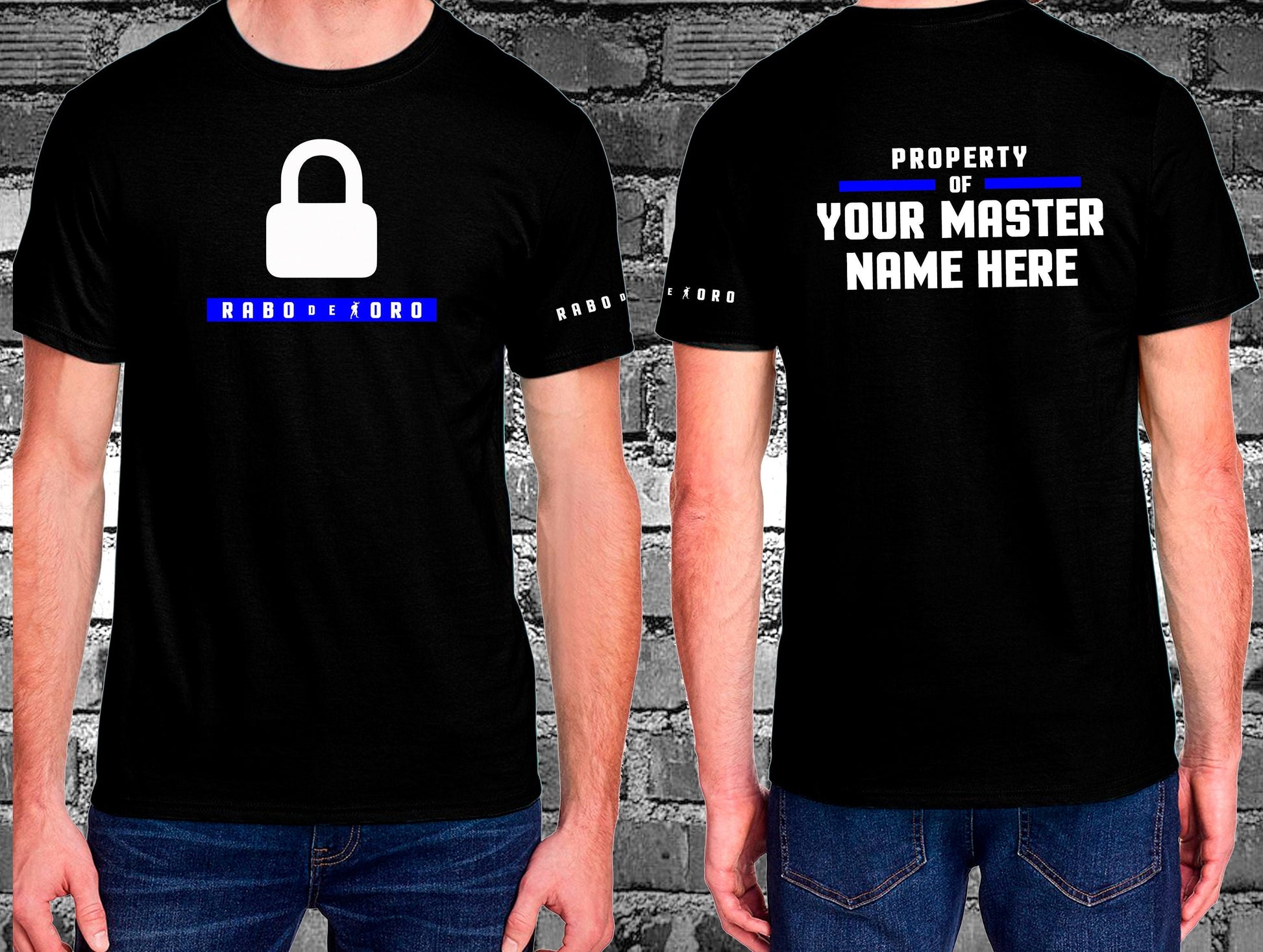 Two sides, one message: belonging. The Rabo De Toro double-sided black t-shirt brings personalization and kink symbolism together with its sleek padlock and bold “Property Of” design.
double-sided t-shirt, fetish fashion, Rabo De Toro fetishwear, gay ownership shirt, customizable kink tee, padlock symbol, property fetish design