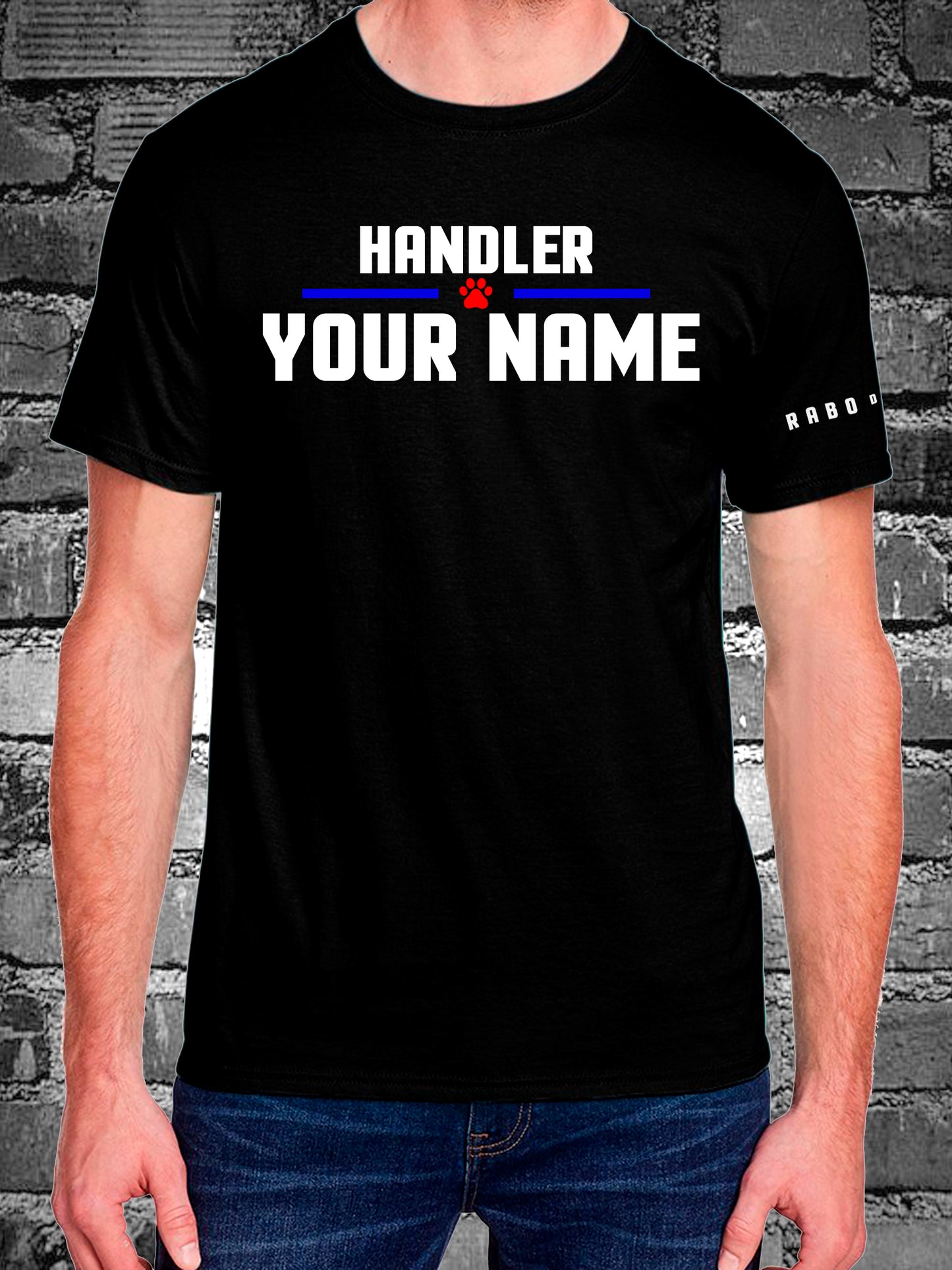 HANDLER with CUSTOM name - Black T-Shirt with Hanky Code and Puppy Paw detail