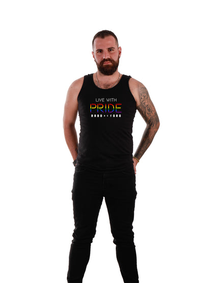 LIVE WITH PRIDE Gay Fetish Black Tank Top with Rainbow/Gay Flag details