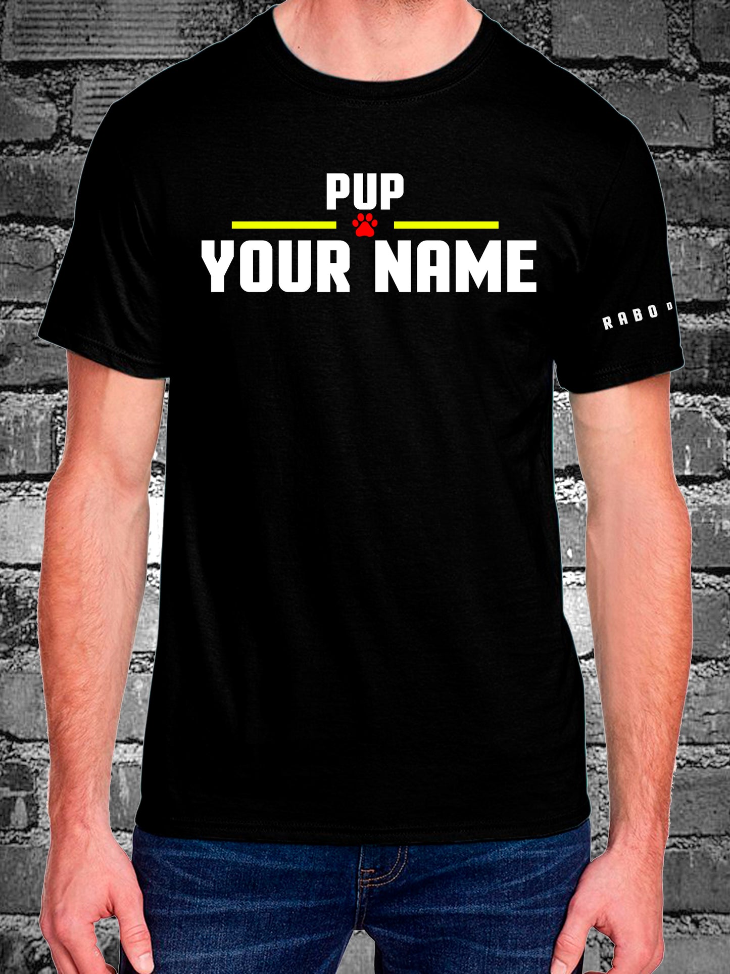 PUP with CUSTOM name - Black T-Shirt with Hanky Code and Puppy Paw detail