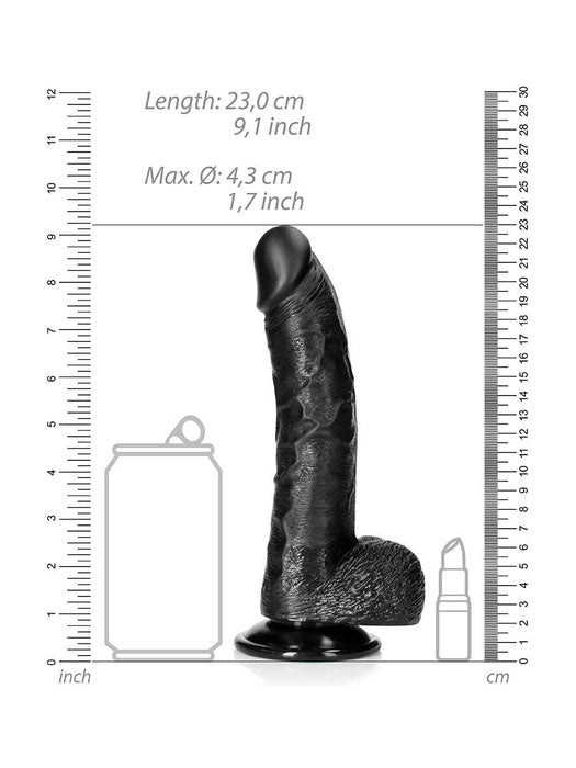 RealRock - Curved Realistic Dildo with Balls and Suction Cup Black 8" / 20,5 cm