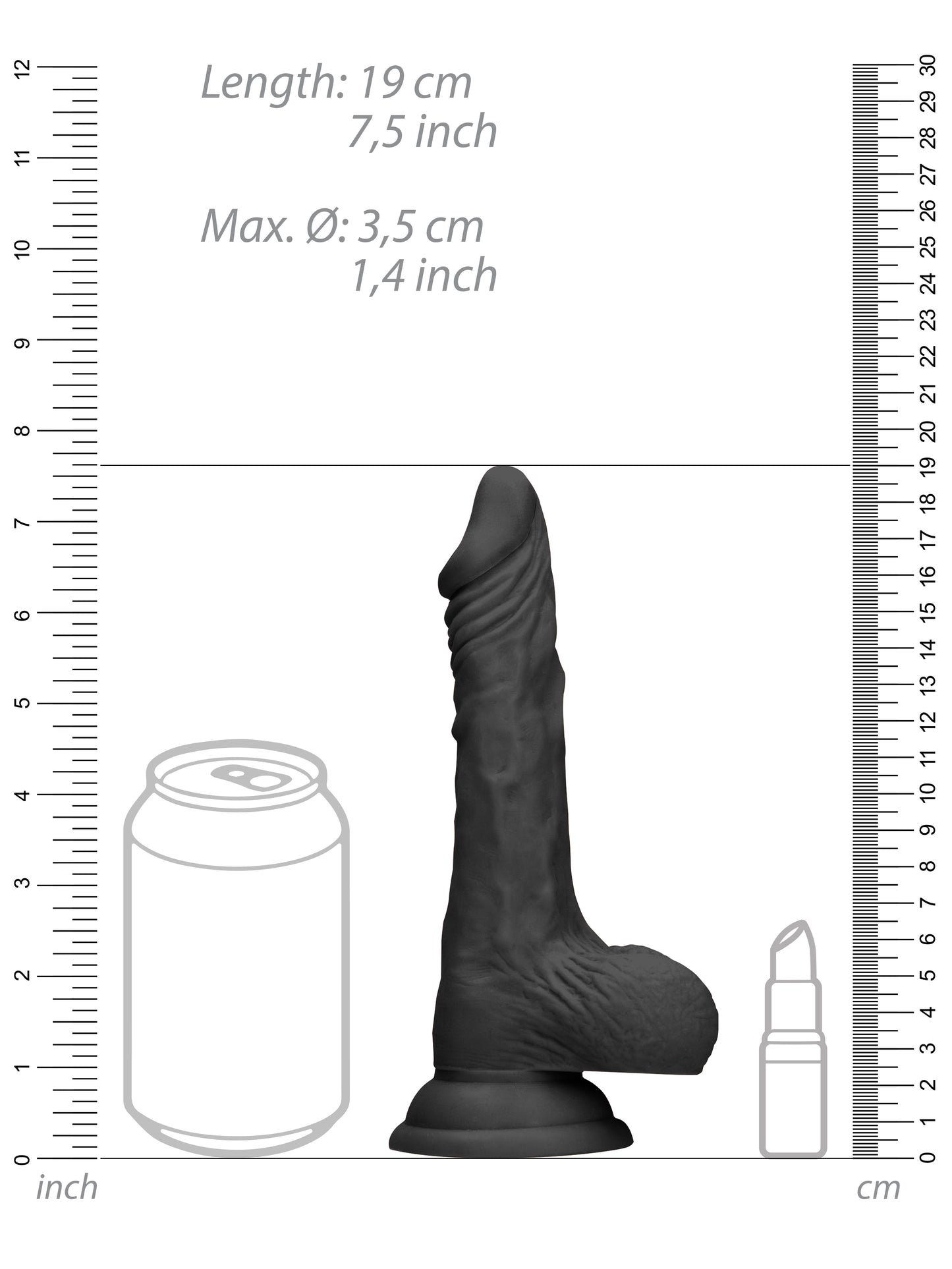 RealRock - Realistic Dong with Balls and Suction Cup Black 7" / 17 cm