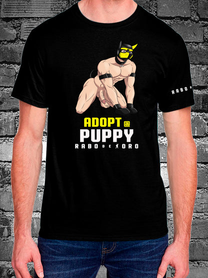 Express your inner pup with this Rabo De Toro original — a bold black T-shirt made for those who live the fetish lifestyle with humor and heart.
ay puppy fetish t-shirt, adopt a puppy design, kink fashion, fetish menswear, Rabo De Toro clothing