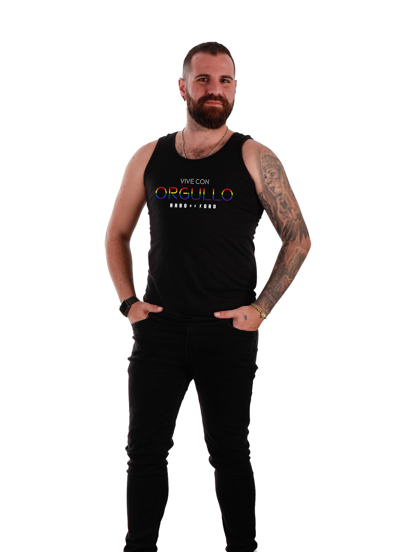 LIVE WITH PRIDE Gay Fetish Black Tank Top with Rainbow/Gay Flag details