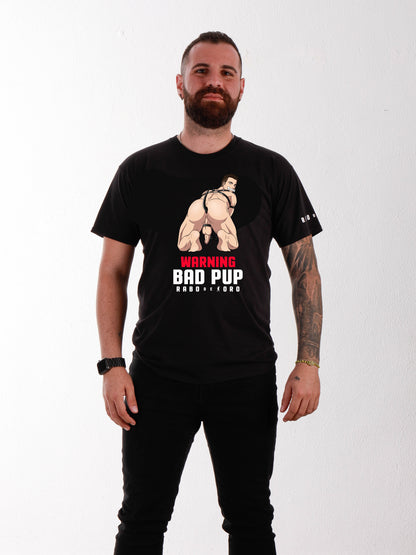 WARNING BAD PUP Black T-Shirt with Puppy cartoon detail