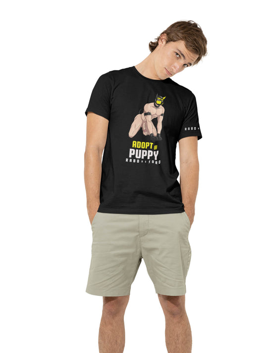 ADOPT A PUPPY Camiseta negra con detalle de dibujos animados de Puppy