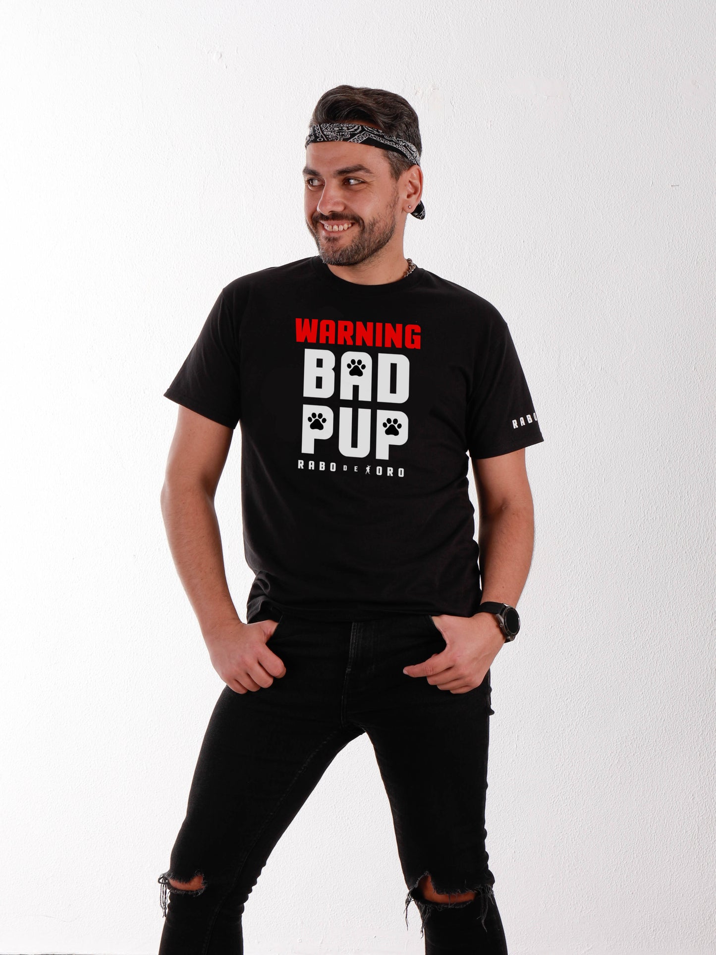 WARNING BAD PUP Black T-Shirt with Puppy Paw detail