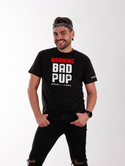 WARNING BAD PUP Black T-Shirt with Puppy Paw detail