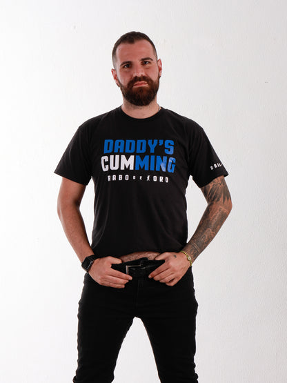 DADDY's CUMMING! Gay Streetwear Black T-Shirt with Blue & White details