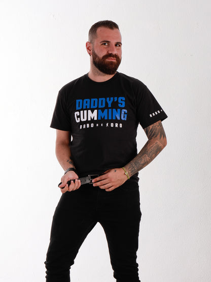 DADDY's CUMMING! Gay Streetwear Black T-Shirt with Blue & White details