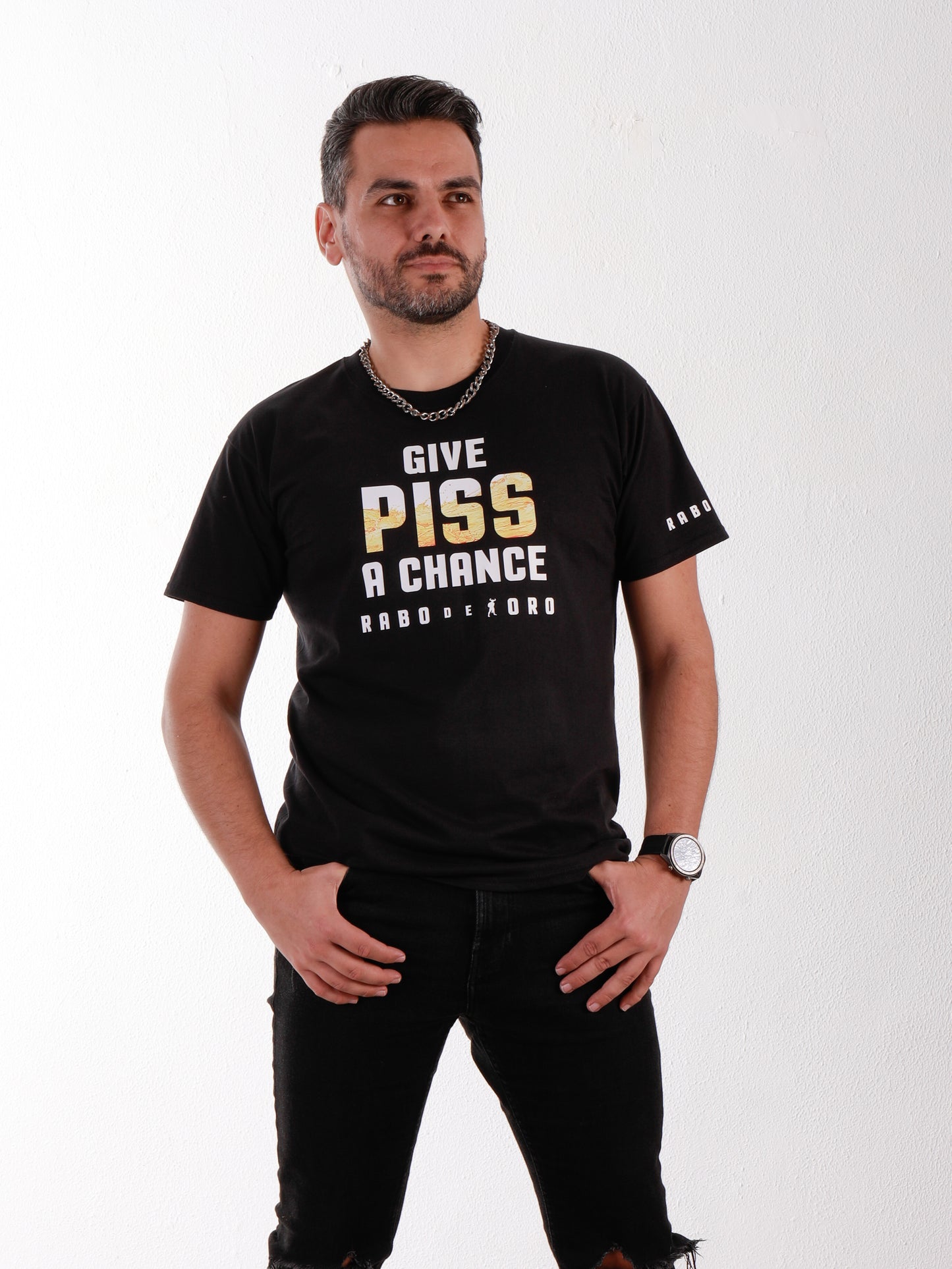 Give PISS a CHANCE Black T-Shirt with Yellow Watersports detail