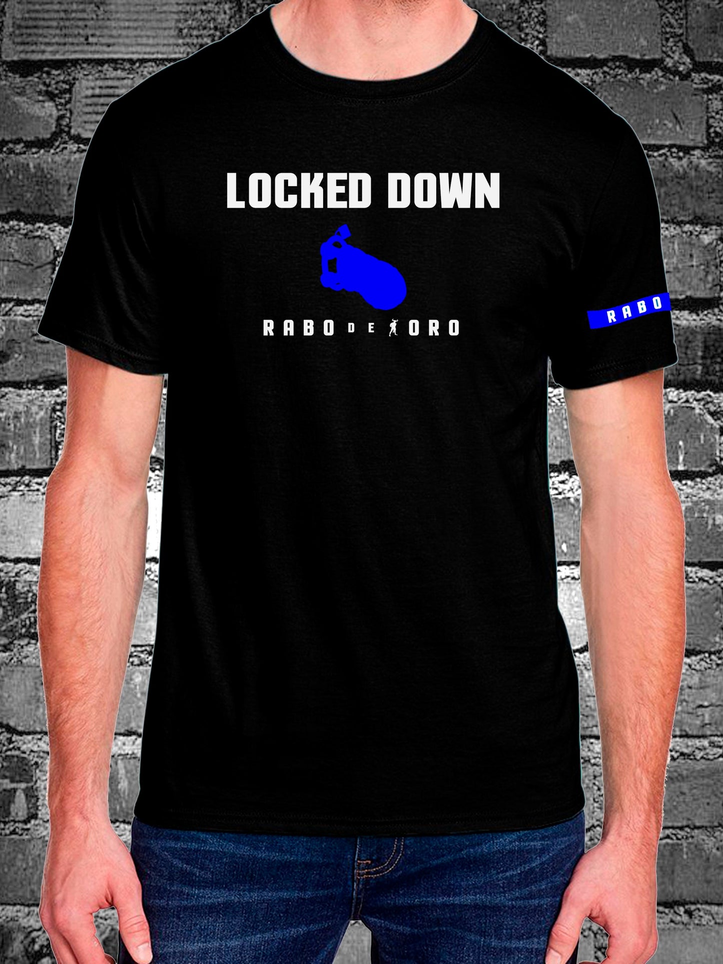 LOCKED DOWN Gay Men's Fetish Club Black T-Shirt with Cock Cage detail in Hanky Code colours