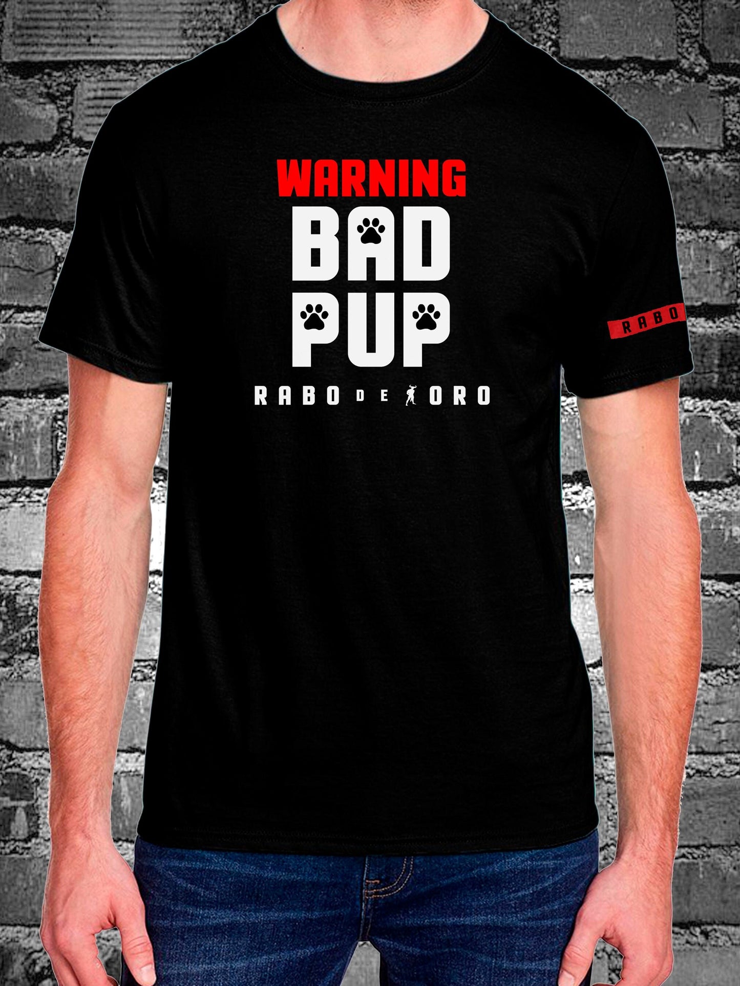 WARNING BAD PUP Black T-Shirt with Puppy Paw detail