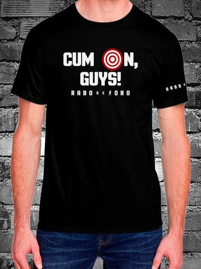 CUM ON, GUYS! Black T-Shirt with Red & White Target detail