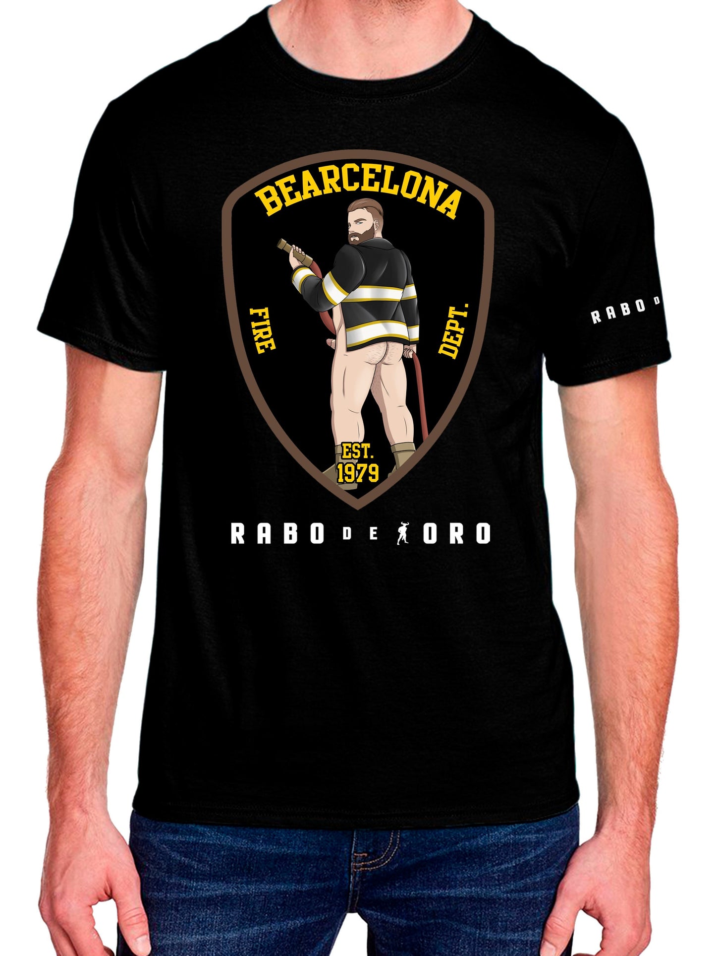 BEARCELONA Black T-Shirt with Gay Bear Fireman cartoon detail