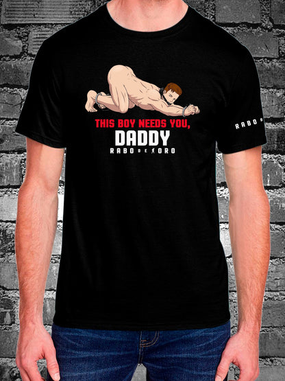 THIS BOY NEEDS YOU, DADDY Black T-Shirt with Slave Boy cartoon detail