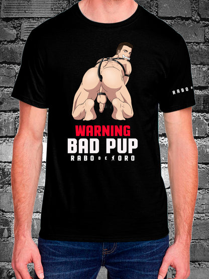 WARNING BAD PUP Black T-Shirt with Puppy cartoon detail