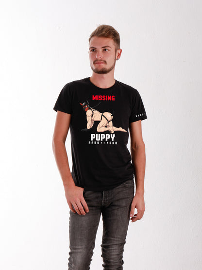 Missing PUPPY Schwarzes T-Shirt mit Welpen-Cartoon-Detail